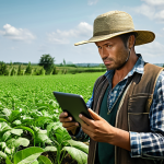 **

A determined organic farmer standing confidently in a high-tech smart farm, surrounded by lush greenery and advanced monitoring equipment. The farmer is consulting data on a tablet, symbolizing the integration of traditional knowledge with modern technology for a career transition. Emphasize growth and sustainable future of agriculture.

**