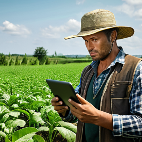 Home 4 **
A determined organic farmer standing confidently in a high-tech smart farm, surrounded by lush greenery and advanced monitoring equipment. The farmer is consulting data on a tablet, symbolizing the integration of traditional knowledge with modern technology for a career transition. Emphasize growth and sustainable future of agriculture.
**