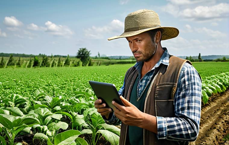 **

A determined organic farmer standing confidently in a high-tech smart farm, surrounded by lush greenery and advanced monitoring equipment. The farmer is consulting data on a tablet, symbolizing the integration of traditional knowledge with modern technology for a career transition. Emphasize growth and sustainable future of agriculture.

**